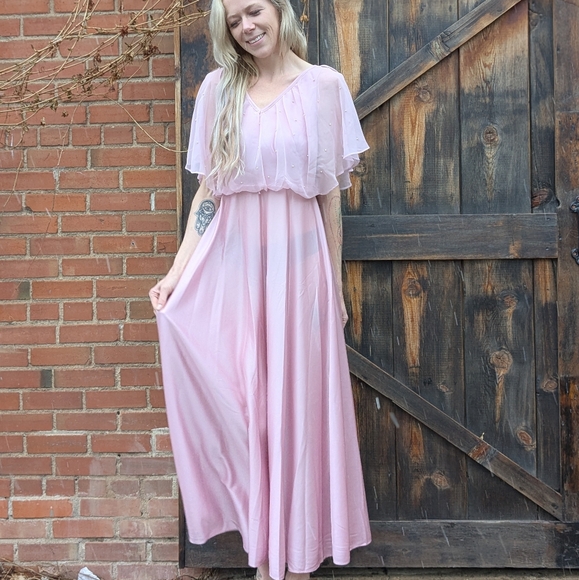 Vintage Dresses & Skirts - Vintage 70s Pink Pearl Shawl Collar Maxi Gown, Size S